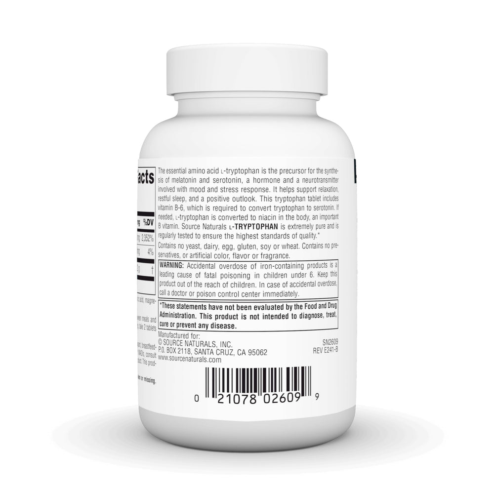 Supplement facts panel for Source Naturals L-Tryptophan with Vitamin B-6