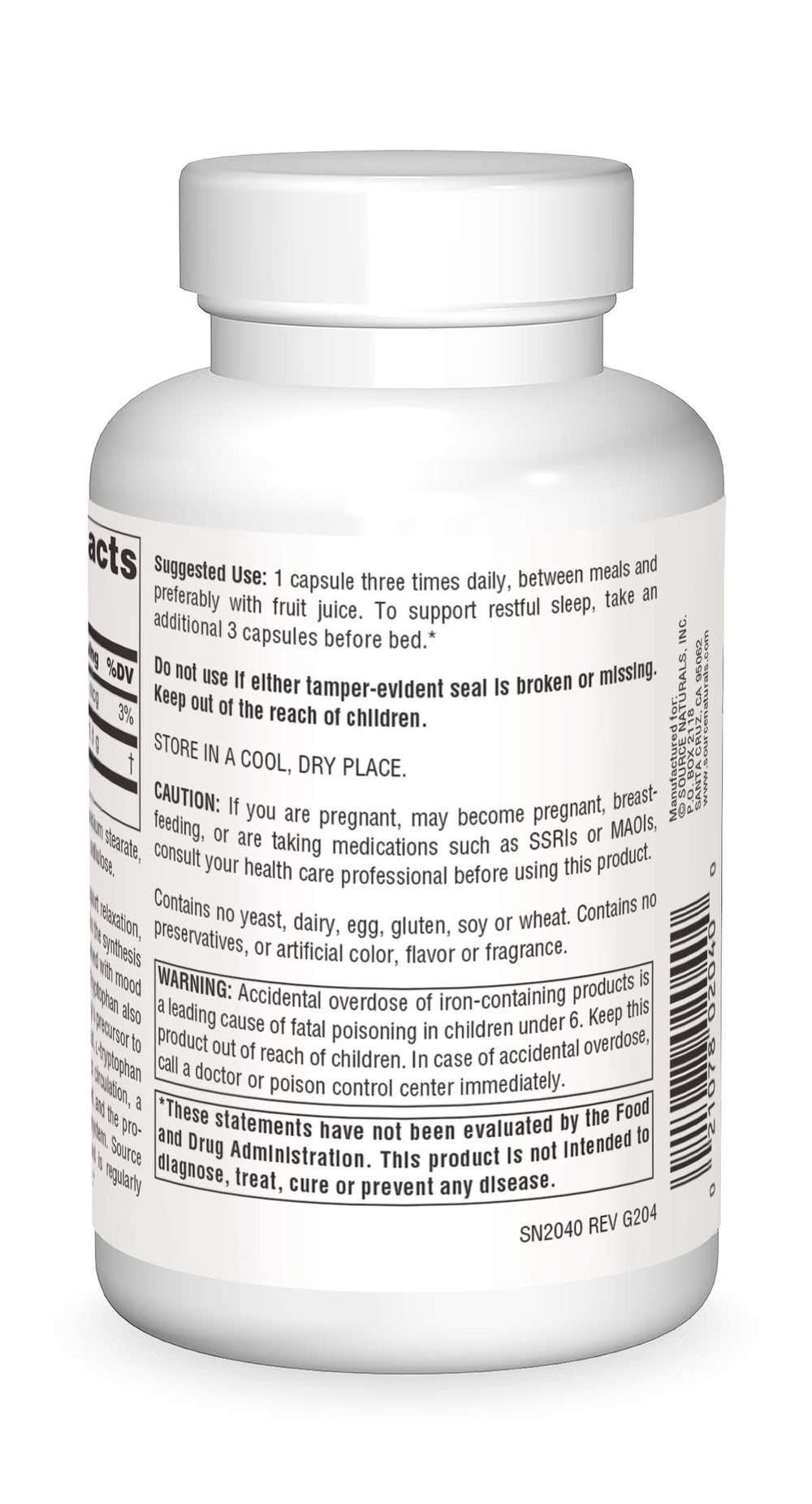 Close-up of L-Tryptophan 500 mg label on bottle