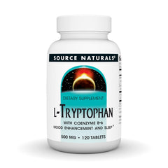 Source Naturals L-Tryptophan tablets front view promoting relaxation