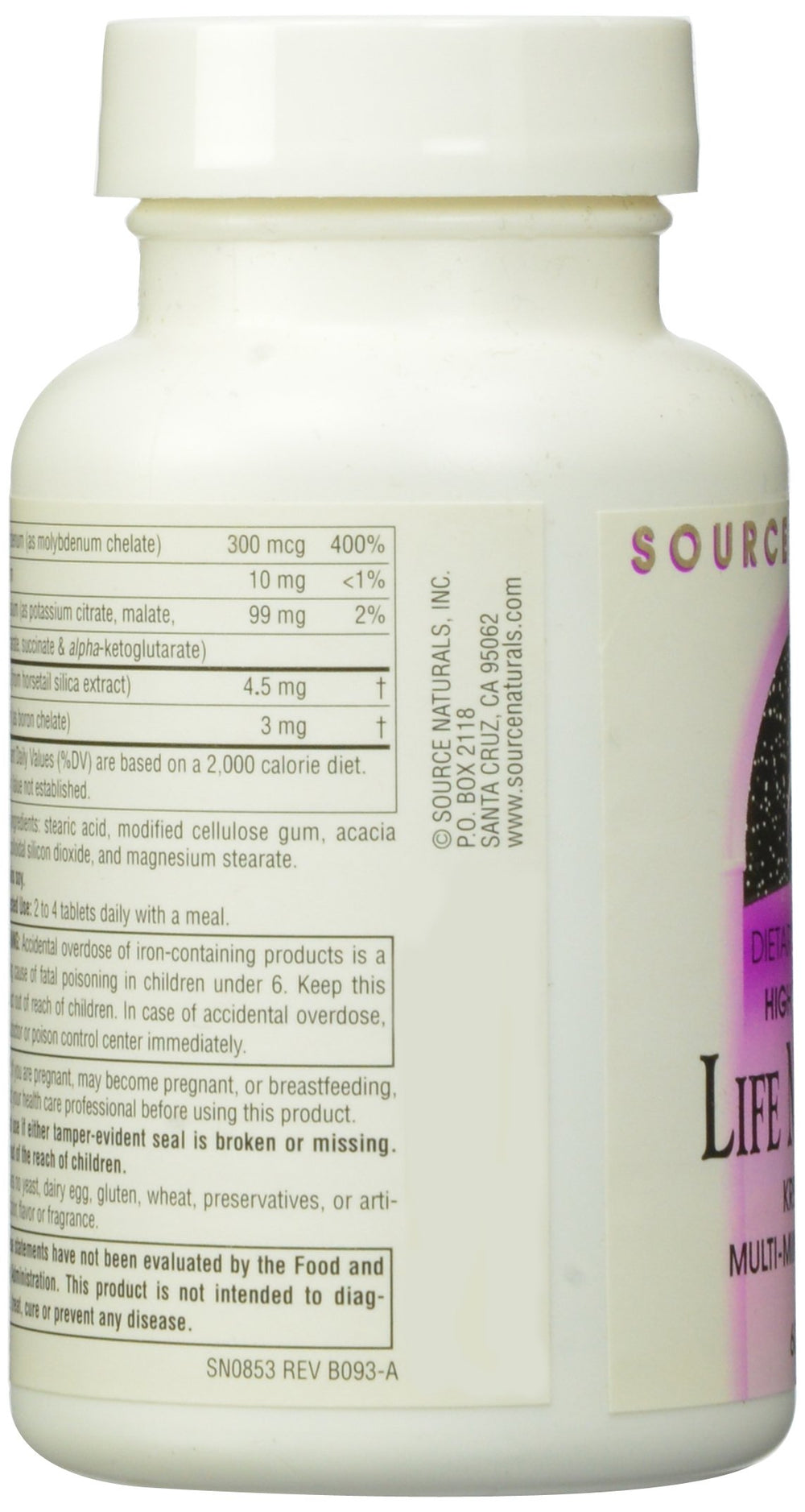 Close-up of supplement facts panel for Life Minerals