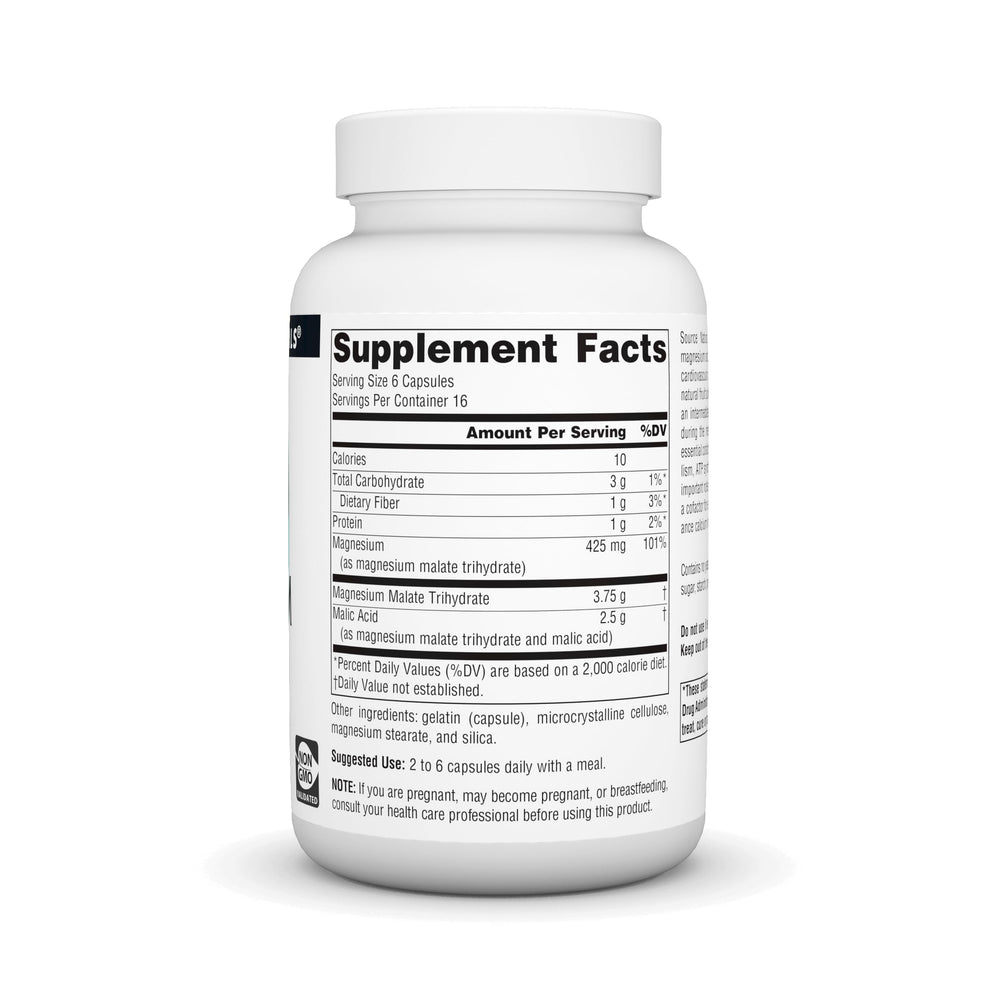 Close-up of magnesium malate supplement bottle label