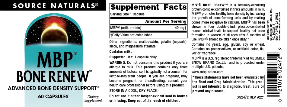 Nutrition facts panel on MBP Bone Renew bottle