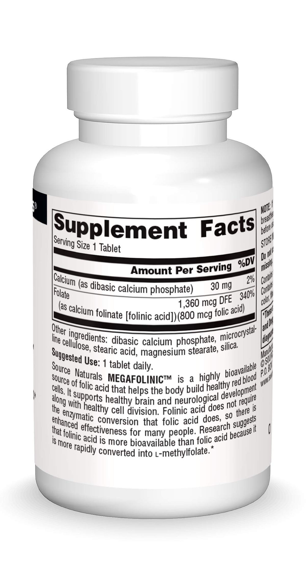 Supplement facts panel for MegaFolinic 800mcg