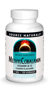 Bottle of Source Naturals Methylcobalamin B-12 cherry lozenges, 120-count