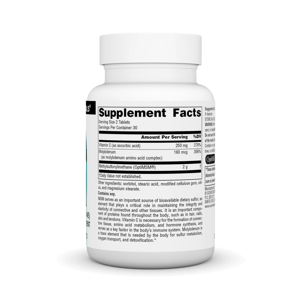MSM dietary sulfur supplement tablets in bottle