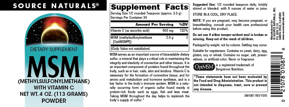 Dosage instructions showing 1/2 rounded teaspoon per day mixed in 8 oz water or juice