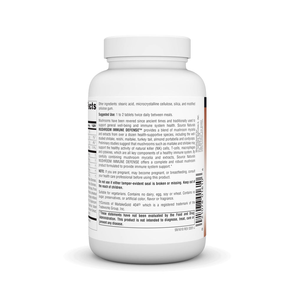 Nutrition facts panel on Source Naturals Mushroom Immune Defense bottle