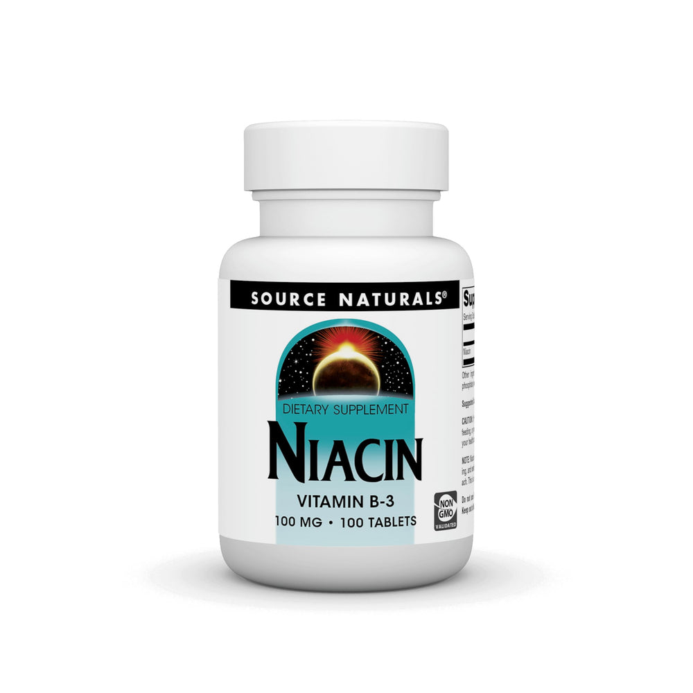 Front view of Source Naturals Niacin 100 mg Vitamin B-3 bottle - 100 tablets