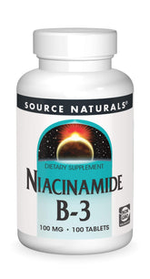 Front view of Source Naturals Niacinamide B-3 100 mg dietary supplement bottle