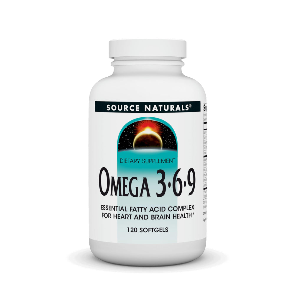 Front view of Source Naturals Omega 3-6-9 bottle with 120 softgels