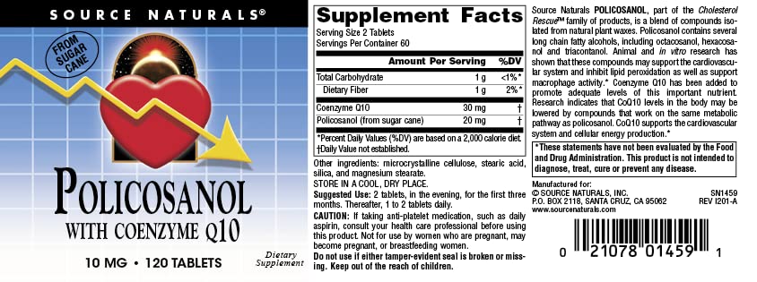 Blend of policosanol and CoQ10 supplement information on label