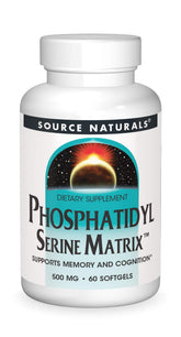 Front view of Source Naturals Phosphatidyl Serine Matrix 500mg bottle with 60 softgels