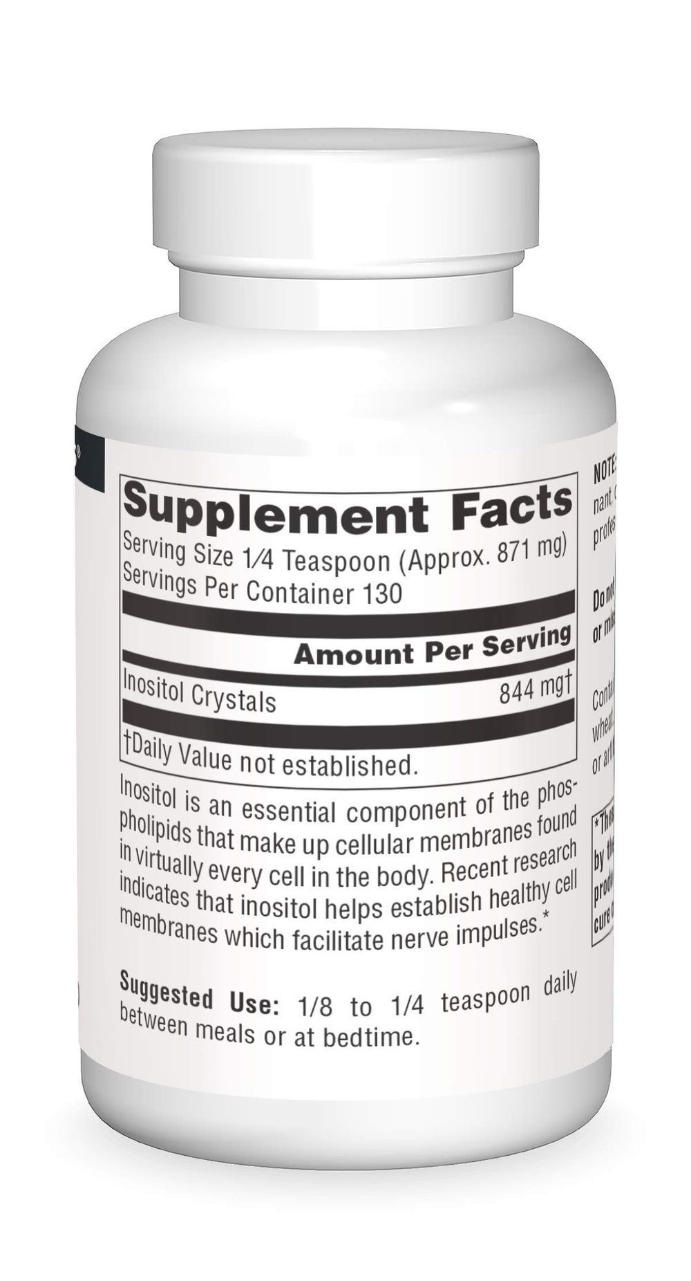 Supplement facts and ingredients panel for Source Naturals Pure Inositol