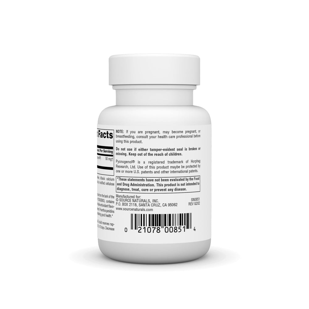 Supplement facts panel for Pycnogenol 50 mg Proanthocyanidin Complex