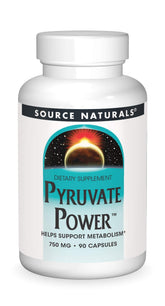 Front of Source Naturals Pyruvate Power bottle showing 750 mg calcium pyruvate and 90 capsules