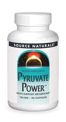 Front of Source Naturals Pyruvate Power bottle showing 750 mg calcium pyruvate and 90 capsules