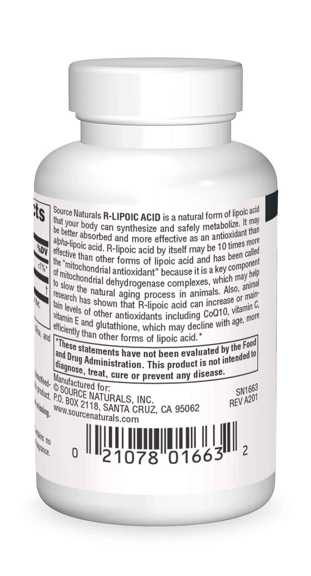 Back of Source Naturals R-Lipoic Acid 100 mg 30-tablet bottle