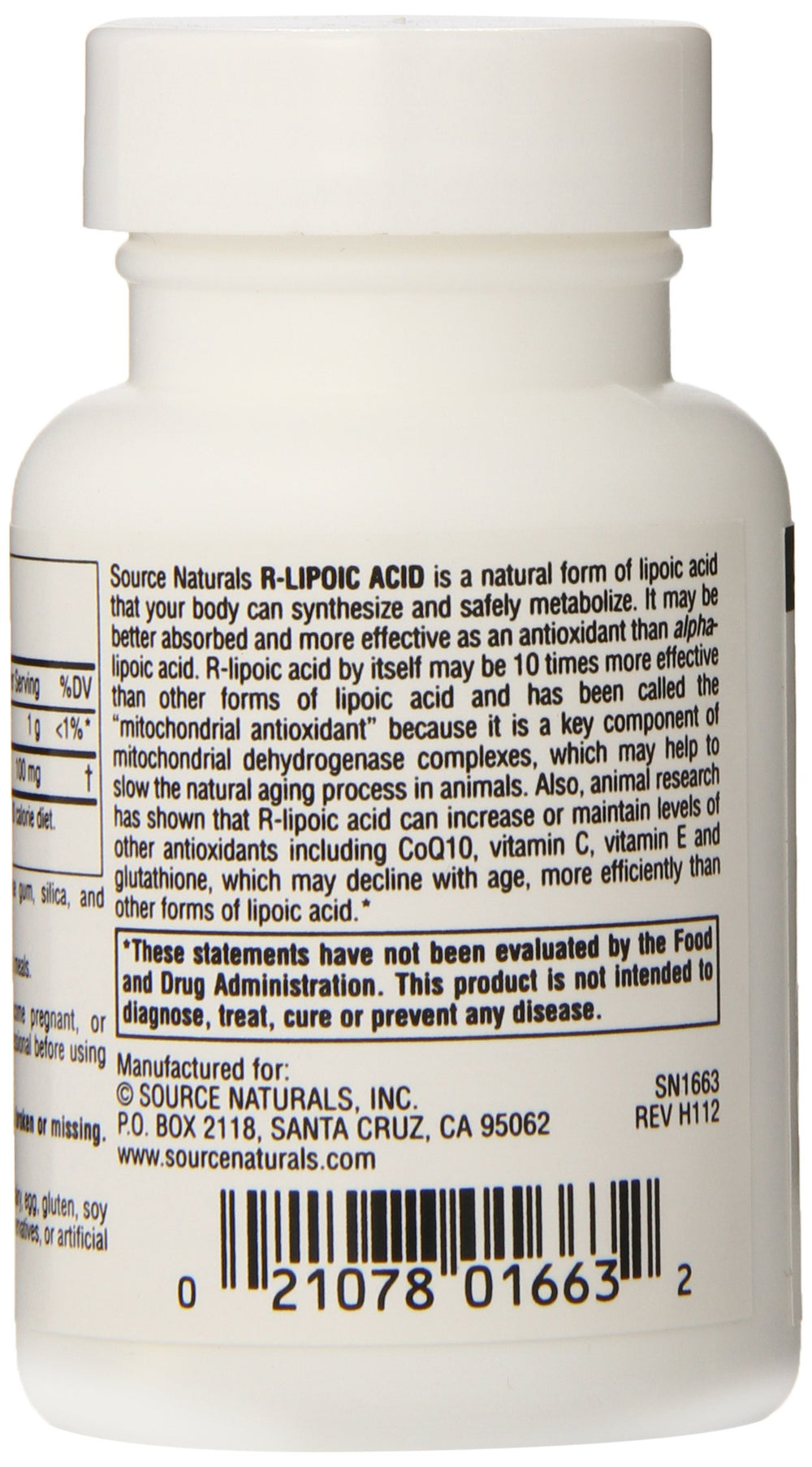 Label on Source Naturals R-Lipoic Acid 100 mg tablets bottle