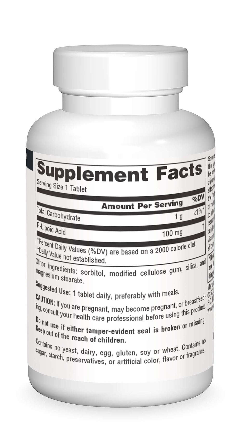 Side view of Source Naturals R-Lipoic Acid 100 mg tablets bottle