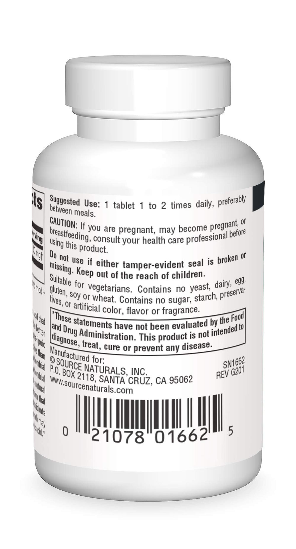 Product bottle label for Source Naturals R-Lipoic Acid 50mg, 60 tablets