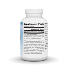 Close-up of GABA 750mg label on Serene Science bottle