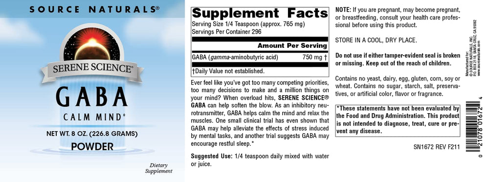 Serene Science GABA powder product packaging and serving suggestion