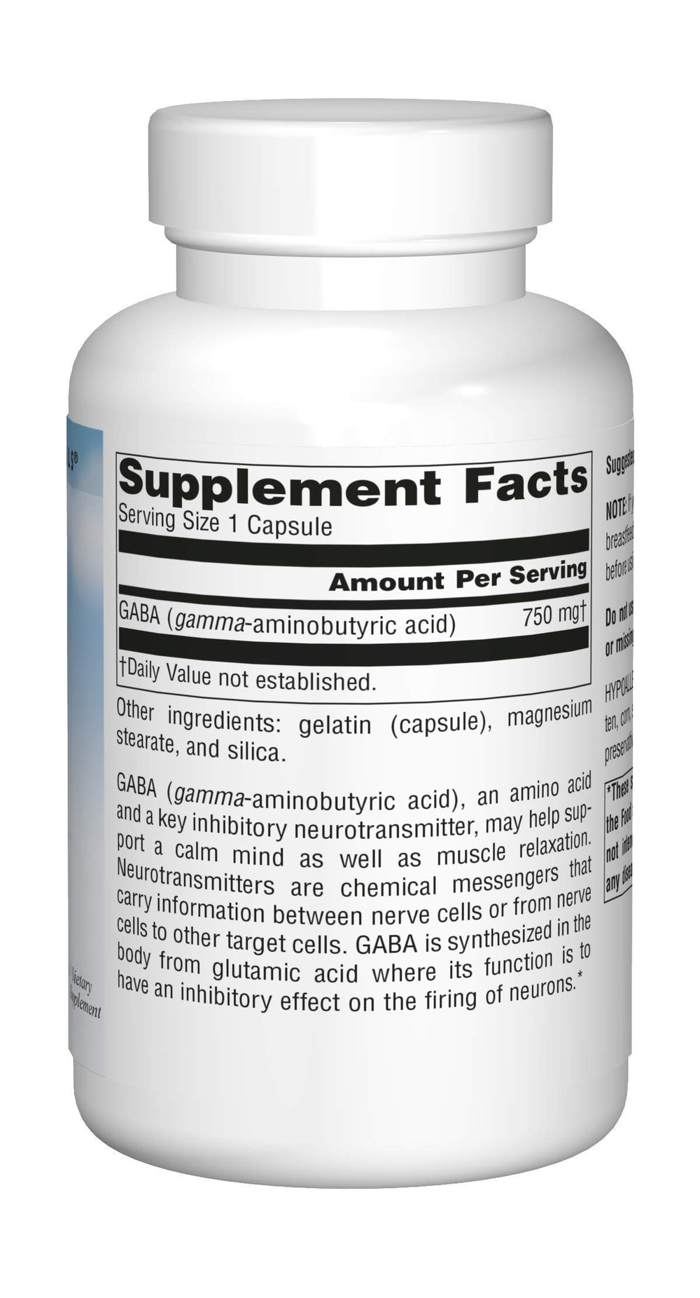 Supplement facts panel for GABA 750mg