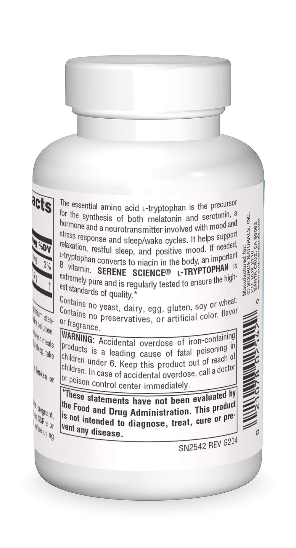Side view of Source Naturals Serene Science L-Tryptophan bottle