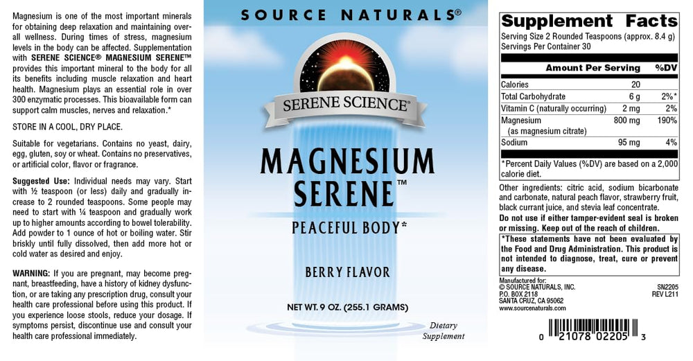 Ingredients and allergen information for Serene Berry magnesium supplement