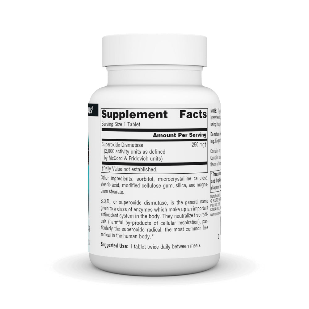 Source Naturals S-O-D 90 tablets bottle - back label with supplement facts