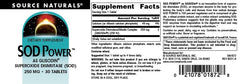 Supplement facts panel for Source Naturals SOD Power Glisodin