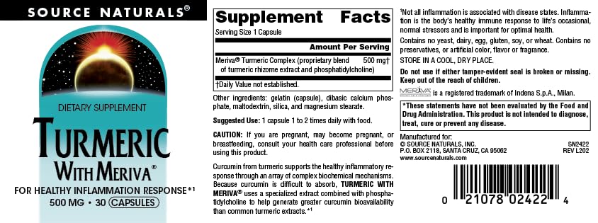 Supplement facts label for Turmeric with Meriva 500mg