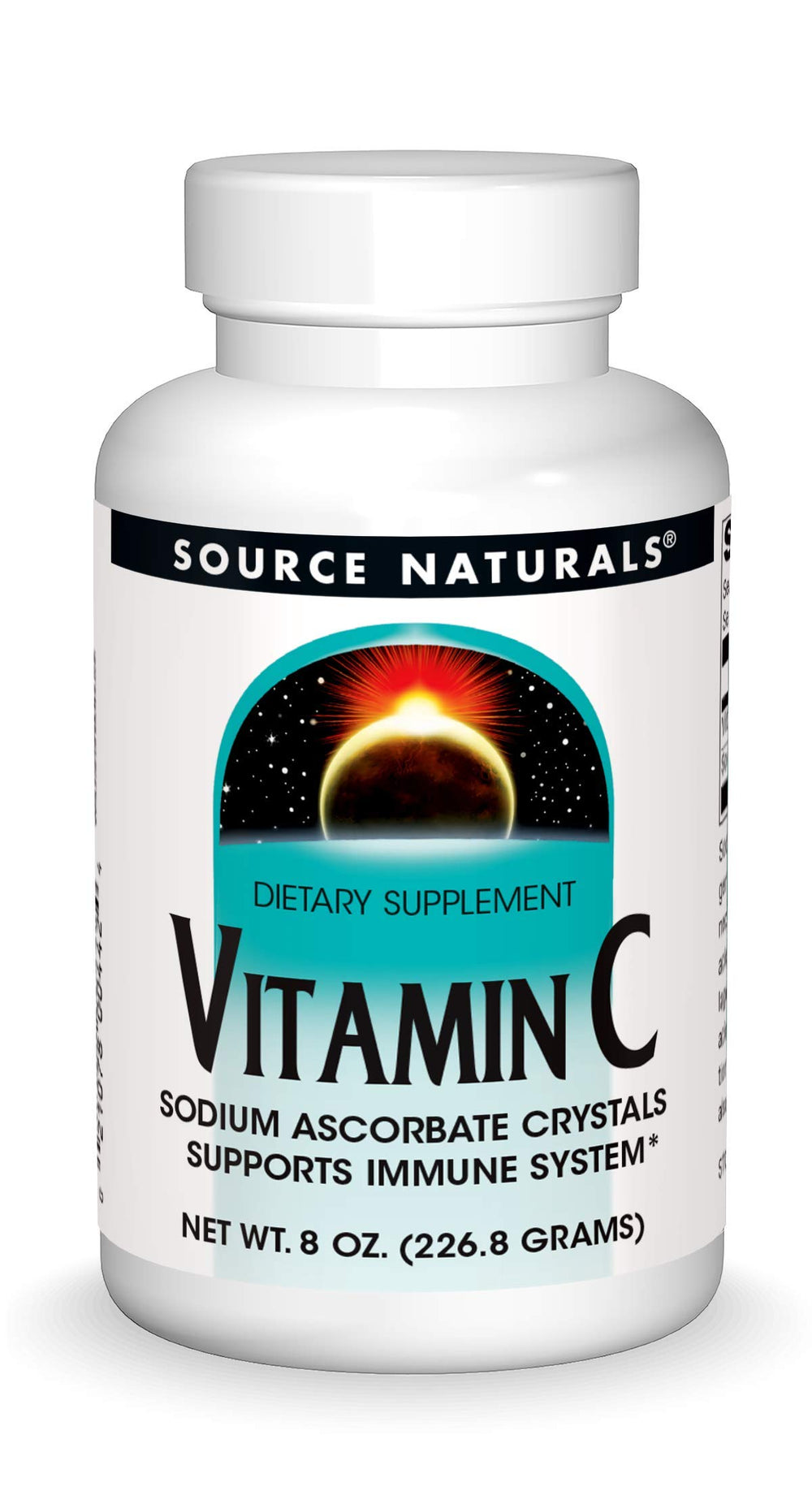 Bottle label for Source Naturals Vitamin C Sodium Ascorbate Crystals 8 oz
