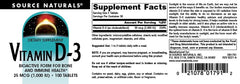 Nutritional facts panel for Vitamin D-3 1000 IU