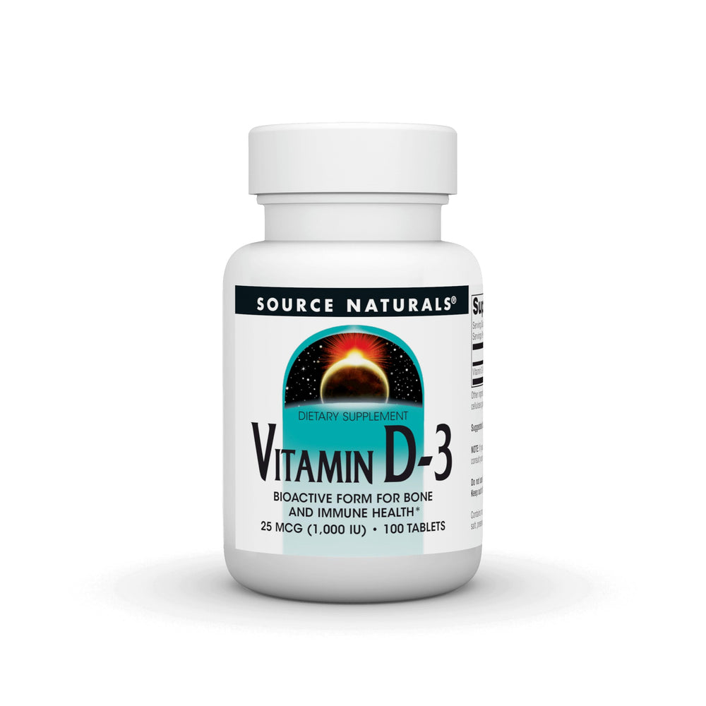 Bottle front view of Source Naturals Vitamin D-3 1000 IU, 100 tablets