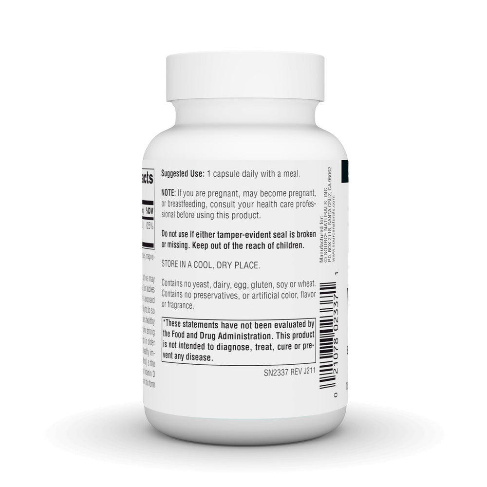 Vitamin D-3 label highlighting bone and immune health benefits
