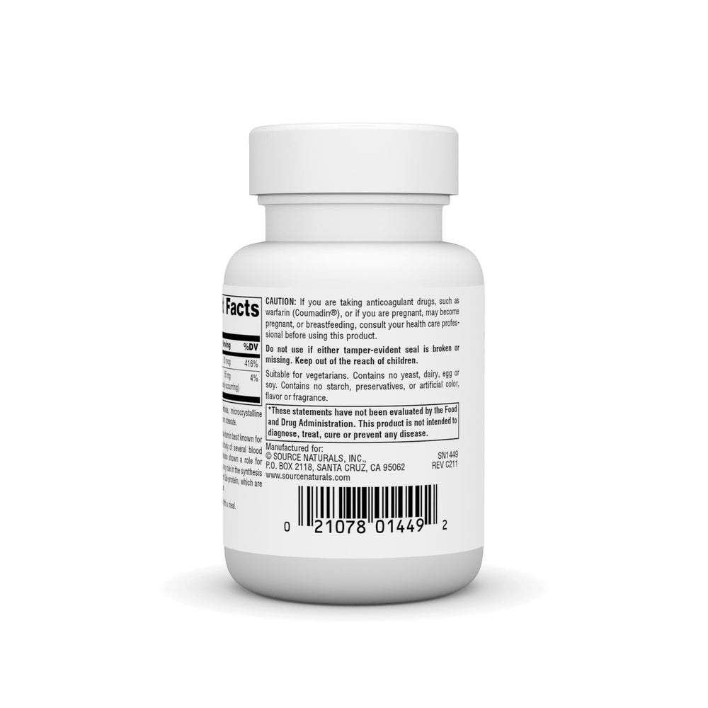 Supplement facts panel for Source Naturals Vitamin K 500 mcg