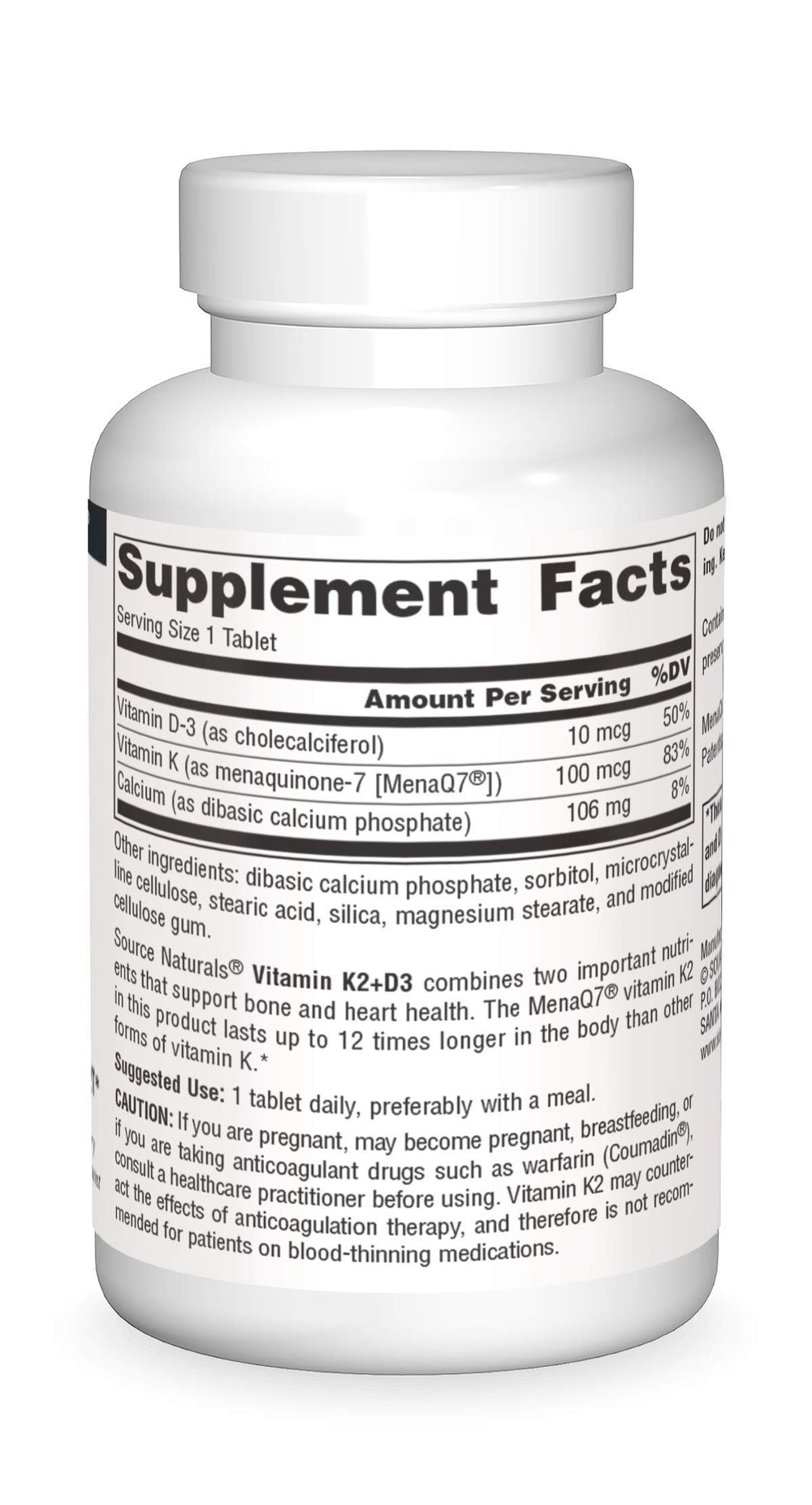 One tablet serving of Source Naturals K2+D3 with calcium