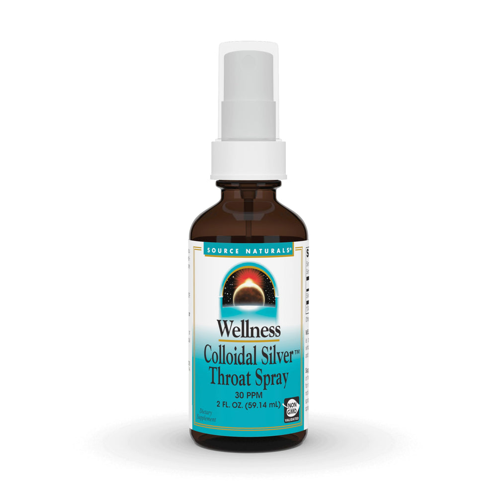 Bottle of Source Naturals Wellness Colloidal Silver Throat Spray, 30 PPM, 2 fl oz