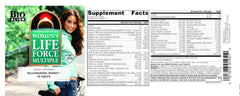 Close-up of nutrition facts on Life Force Iron Free bottle