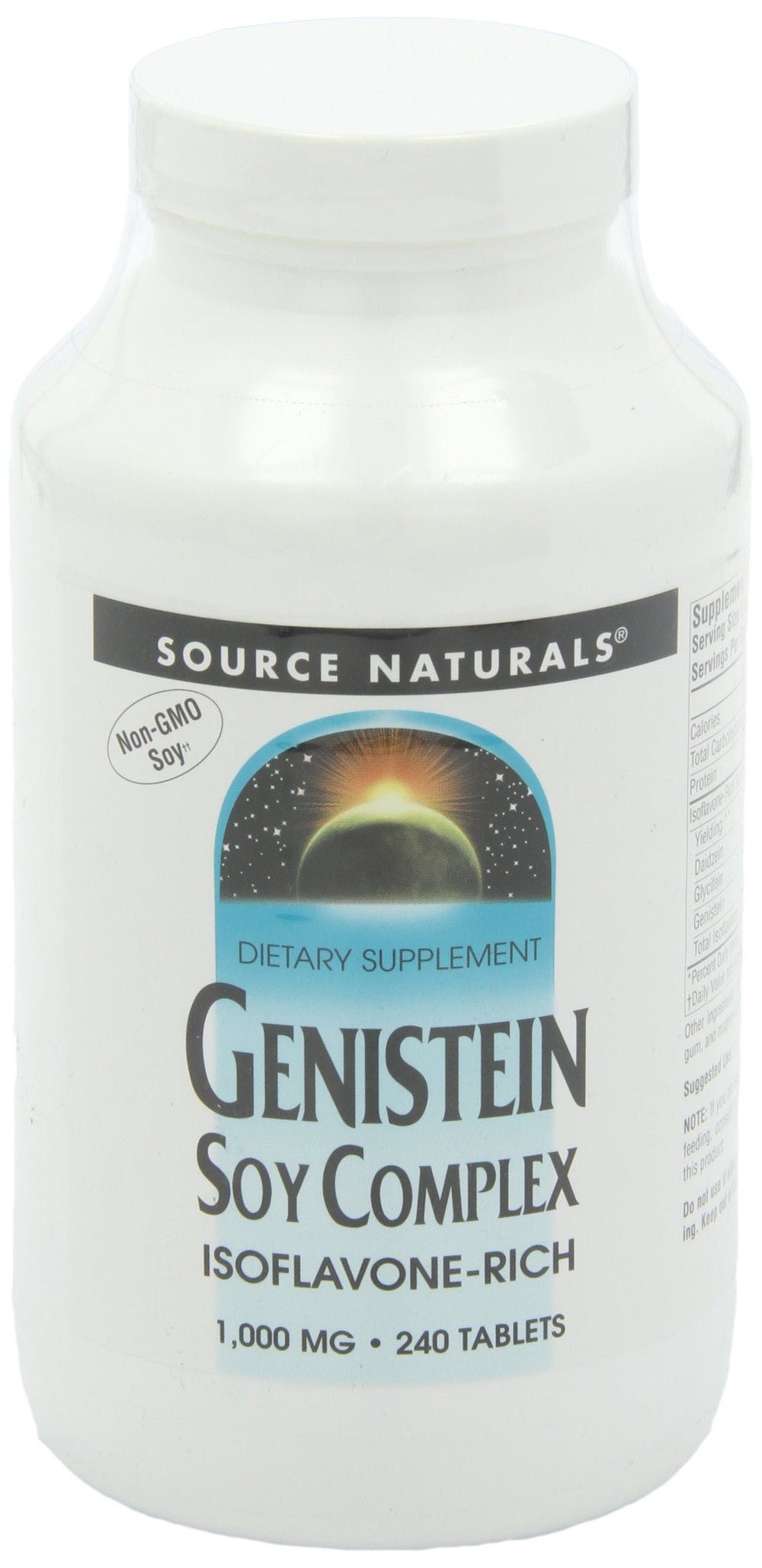 Source Naturals Genistein Soy Complex nutrition facts highlight isoflavone-rich formula for menopause support possibilities.