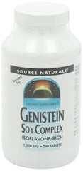 Source Naturals Genistein Soy Complex nutrition facts highlight isoflavone-rich formula for menopause support possibilities.
