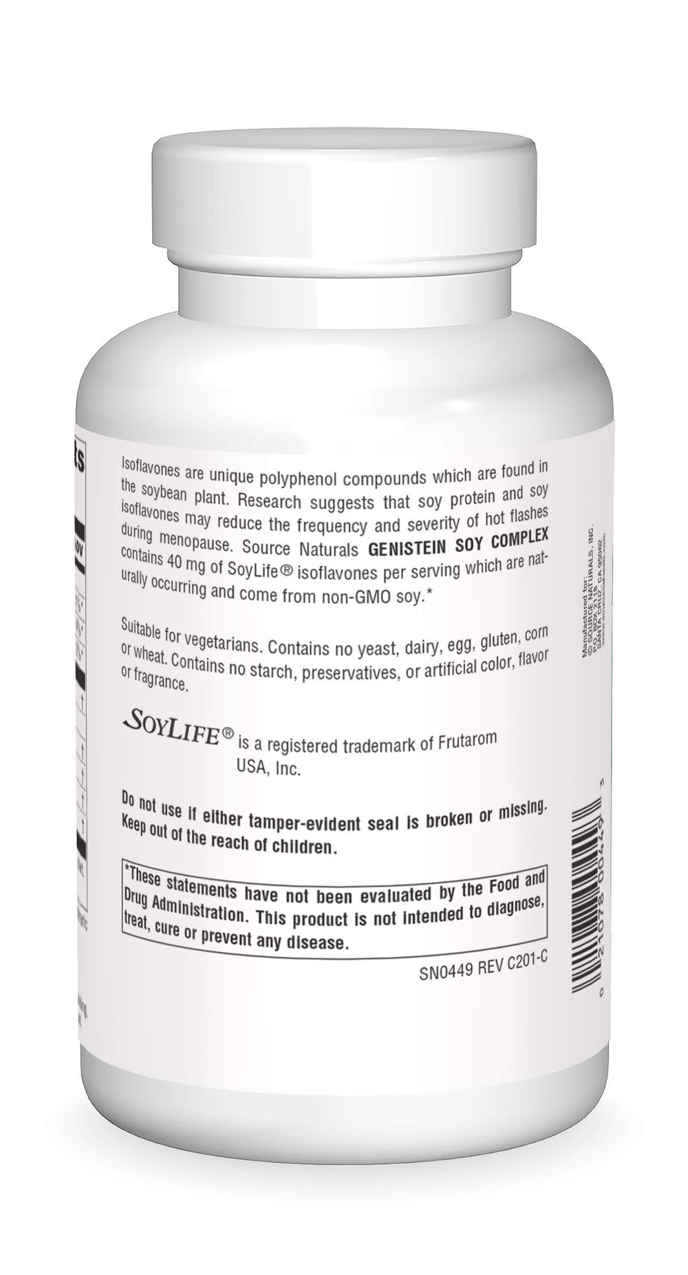 Source Naturals Genistein Soy Complex label reveals ingredients and allergen-friendly profile for sensitive diets.