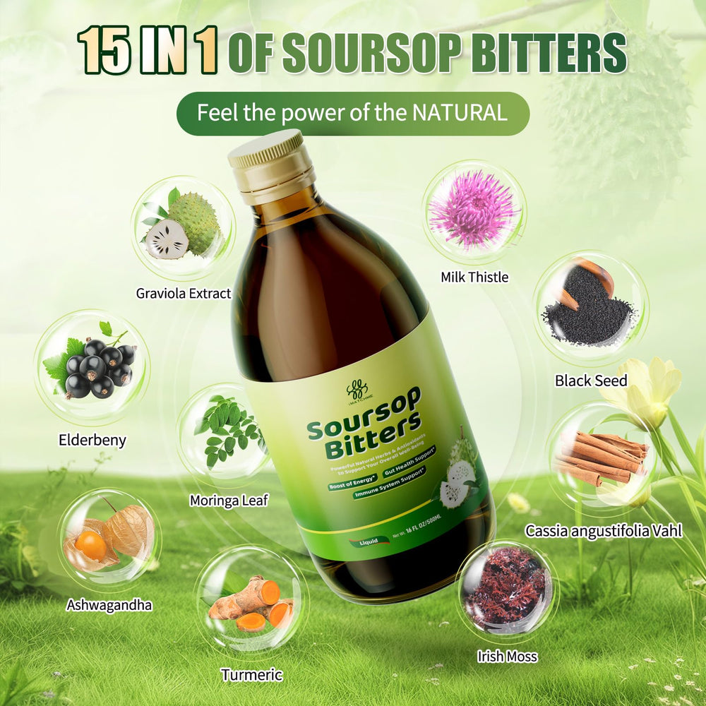 Soursop Bitters 16 oz liquid bottle side view