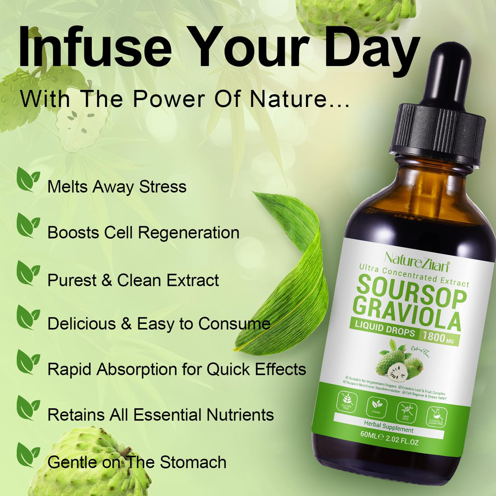 Soursop Graviola leaves extract bottle with fresh leaves