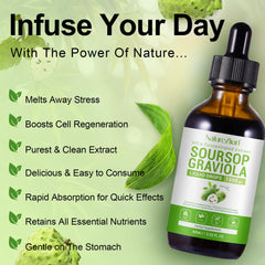 Soursop Graviola leaves extract bottle with fresh leaves