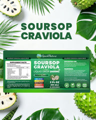 Lifestyle shot with Soursop Drops bottle and natural leaves