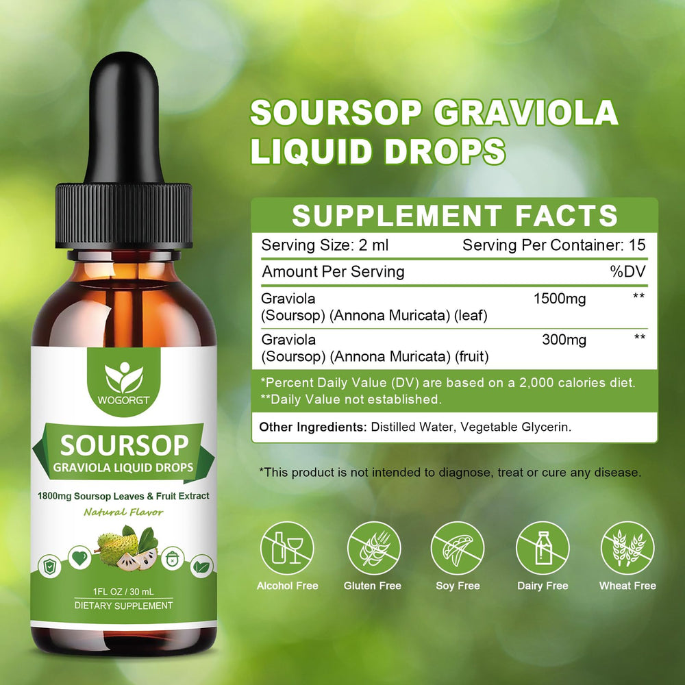 Close-up of Soursop Graviola Liquid Drops 1oz bottle
