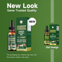 Illustrated ingredients for Soursop Graviola Liquid Drops 5-in-1 formula