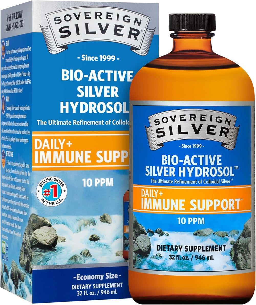Front view of Sovereign Silver Immune Support bottle with twist-top